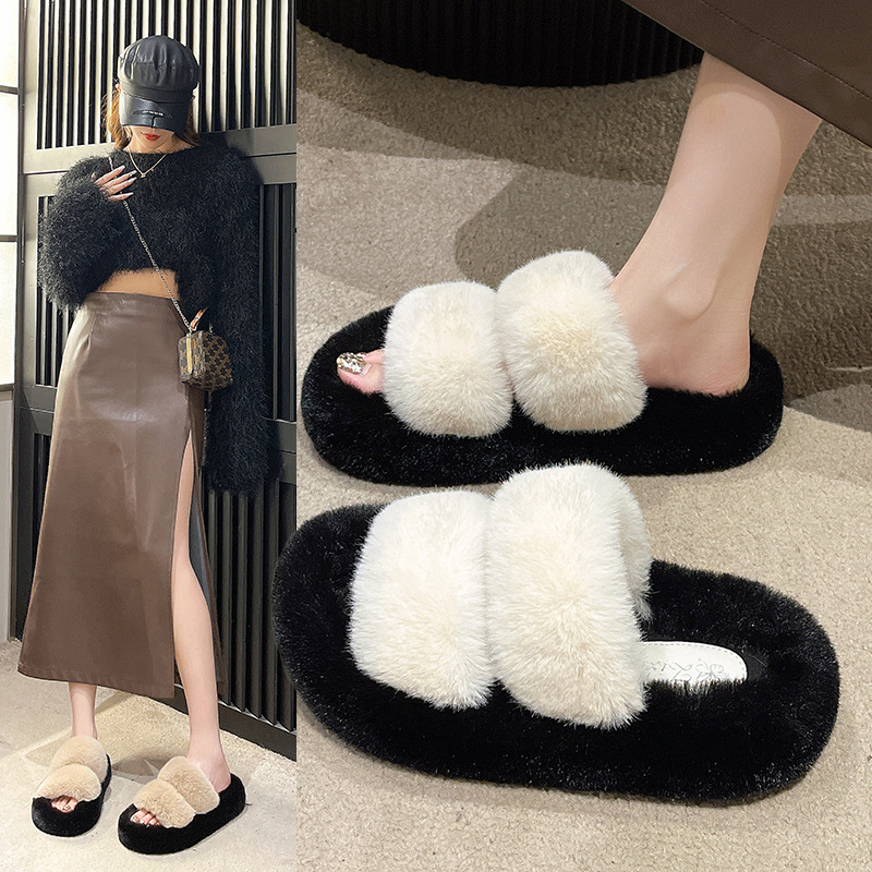 Furry Slippers Outer Wear Autumn And Winter Korean Style Thick-soled Color-blocked Plush One-word Home Slippers For Women H297