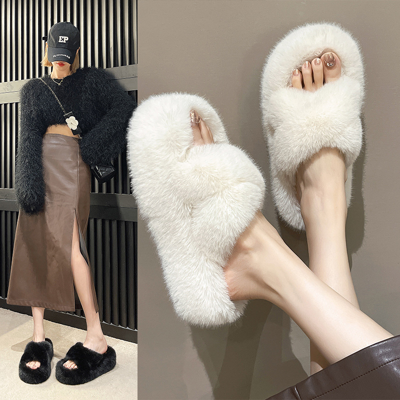 7cm Thick-soled Women Korean Style Flat-soled Cross-strap Plush Cotton Slippers H299