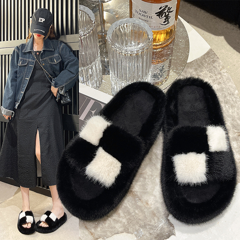 Color-blocked Furry Slippers For Women, Autumn And Winter Korean Style Comfortable Home Slippers H303