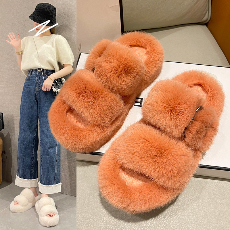 Thick-soled Fur Slippers For Women Autumn And Winter Belt Buckle Casual Soft-soled Home Slippers H304