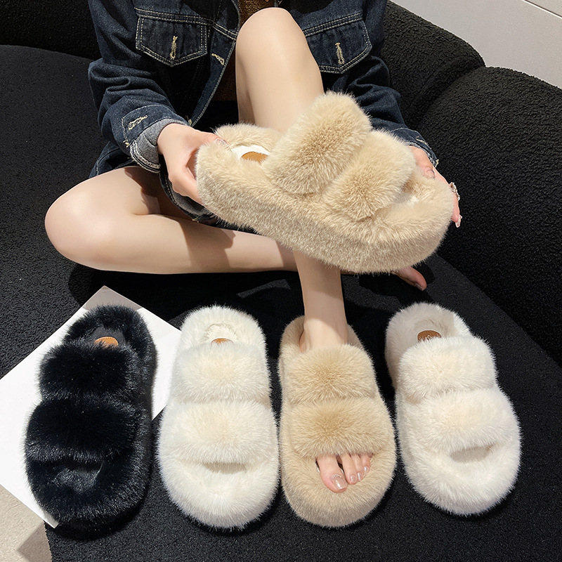 7cm Thick-soled Double-strip Furry Shoes For Women Flat H307