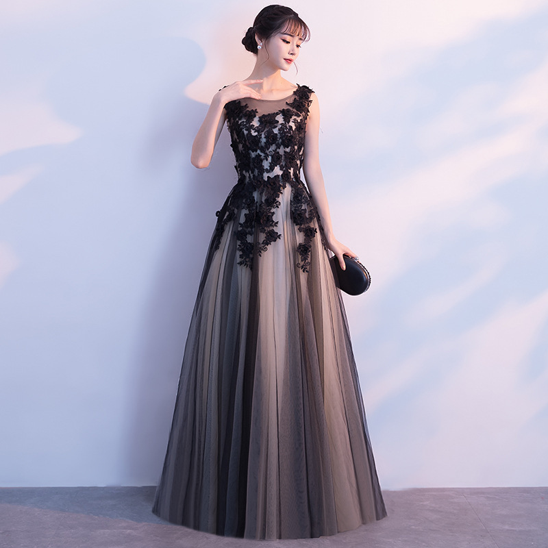Black Floral Lace Evening Gown with Clutch