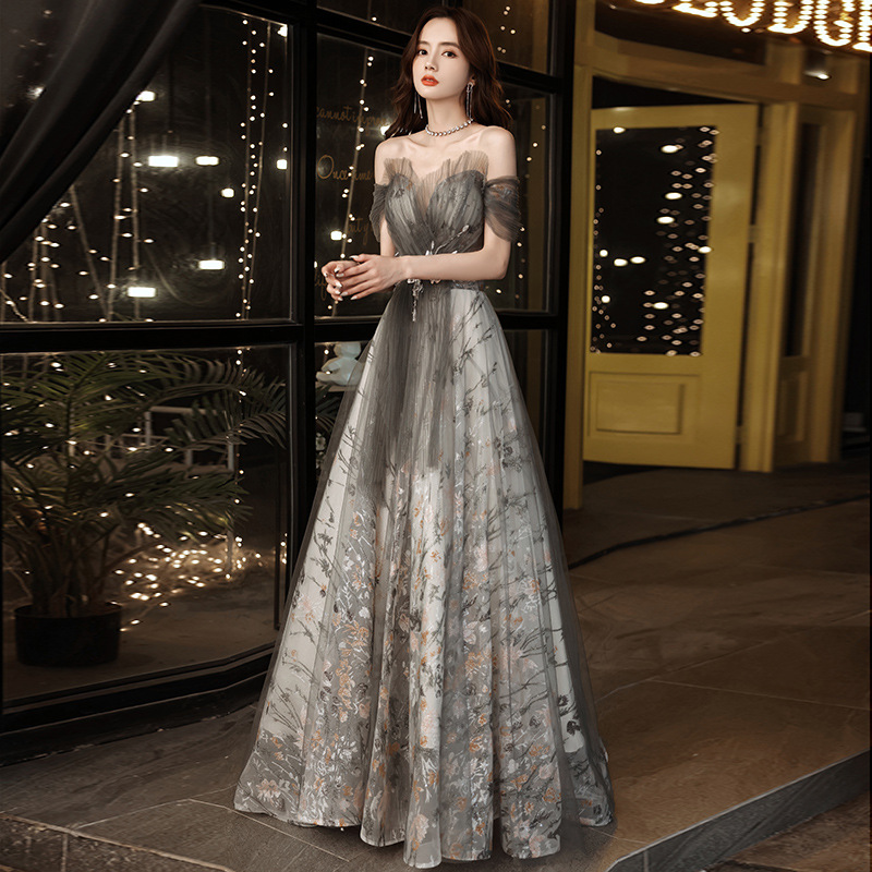 Stunning Gray Evening Gown With Lace Overlay