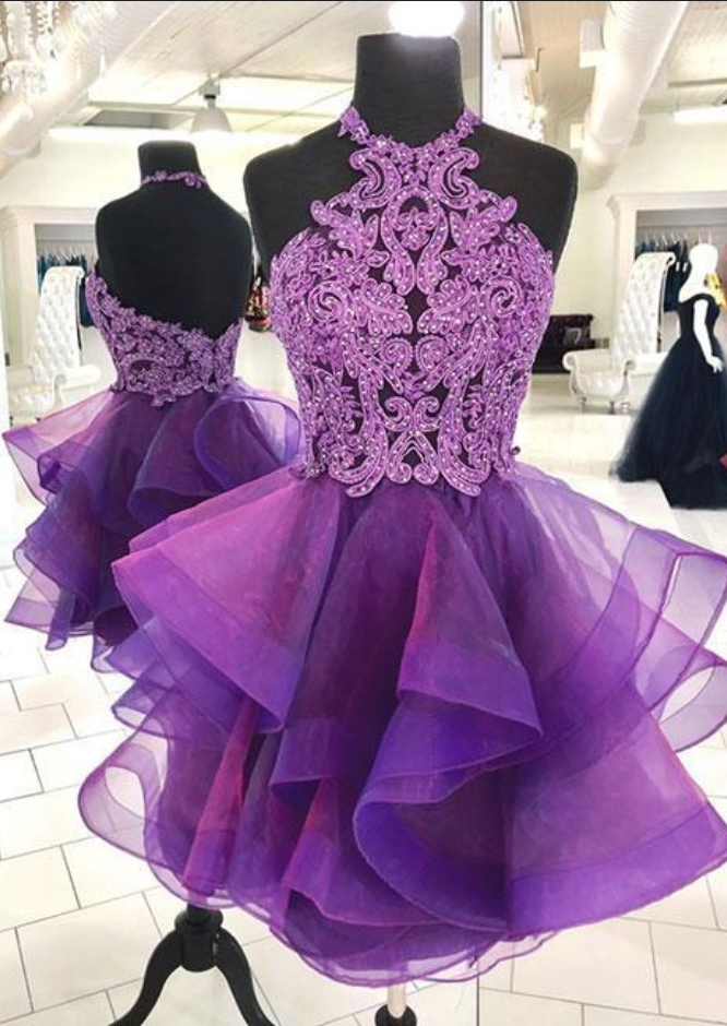 Cute Purple Tulle Lace Short Prom Dress, Purple Homecoming Dress Sa880