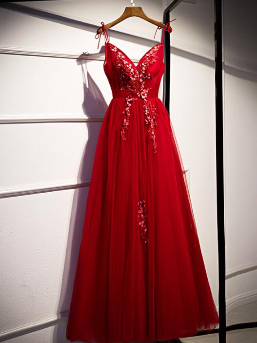 Red Elegant A-line Tulle V-neckline Formal Prom Dress Sa890