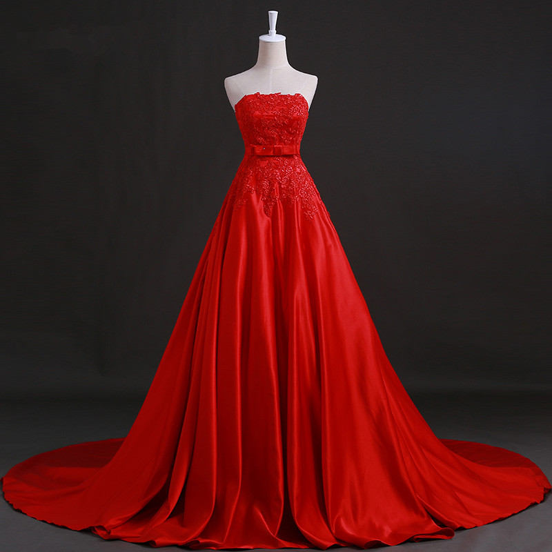 Red A-line Satin Applique Lace Formal Prom Dress, Beautiful Long Prom Dress Sa891