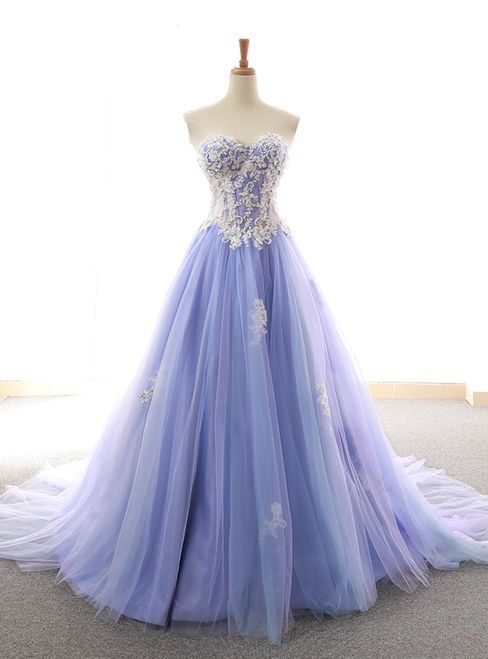Blue And White Applique Elegant A-line Lace Applique Tulle Formal Prom Dress Sa893