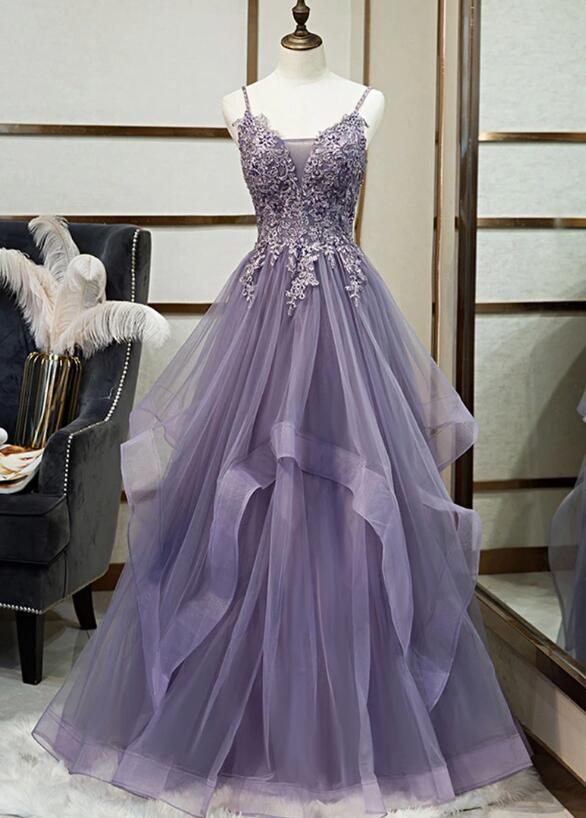 A-line Straps Tulle Formal Prom Dress, Beautiful Long Prom Dress Sa895