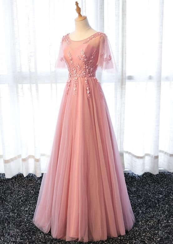 Pink A-line Short Sleeves Tulle Formal Prom Dress, Beautiful Long Prom Dress Sa897