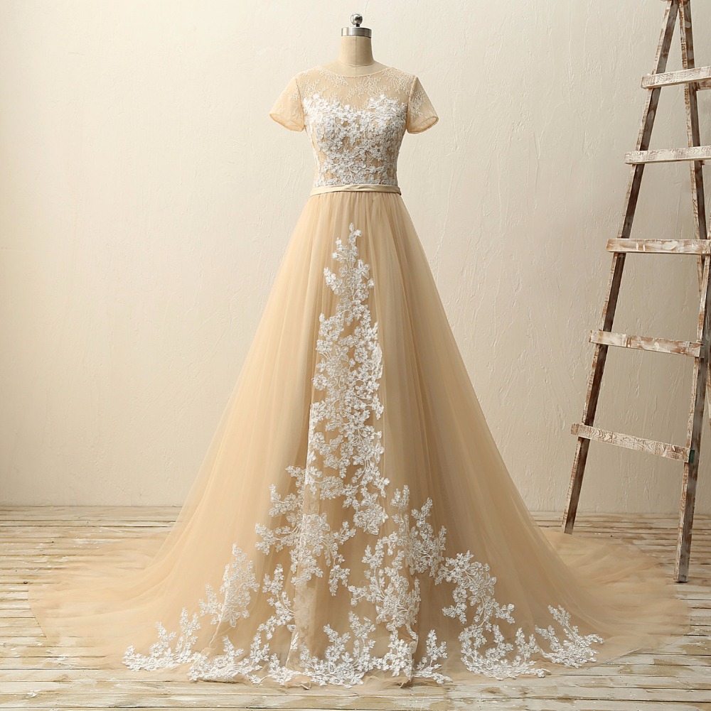 A-line Short Sleeves Tulle Appliques Formal Prom Dress, Beautiful Long Prom Dress Sa904