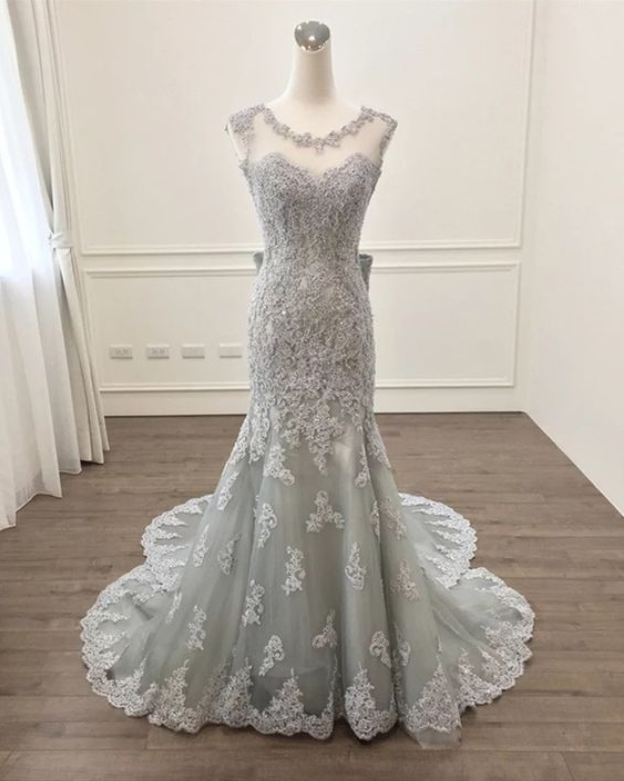 Lace Bow Back Mermaid Formal Prom Dress, Beautiful Long Prom Dress Sa909