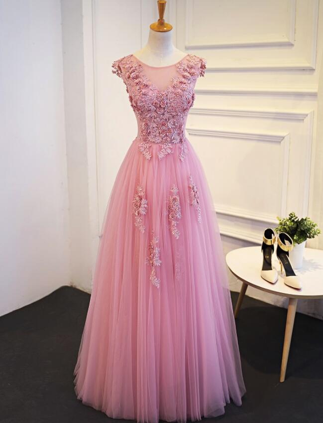 Pink Round Neckline Lace Applique Tulle Formal Prom Dress, Beautiful Long Prom Dress Sa944