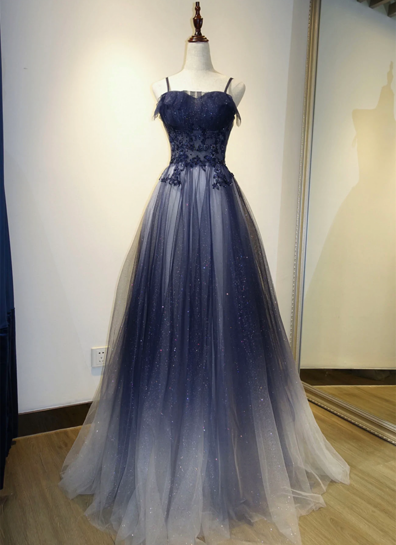 Blue A-line Tulle Formal Prom Dress, Beautiful Long Prom Dress Evening Dress Sa952