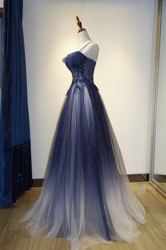 A-Line Tulle Blue Long Evening Prom Dress, Blue Tulle Evening Graduation Dress