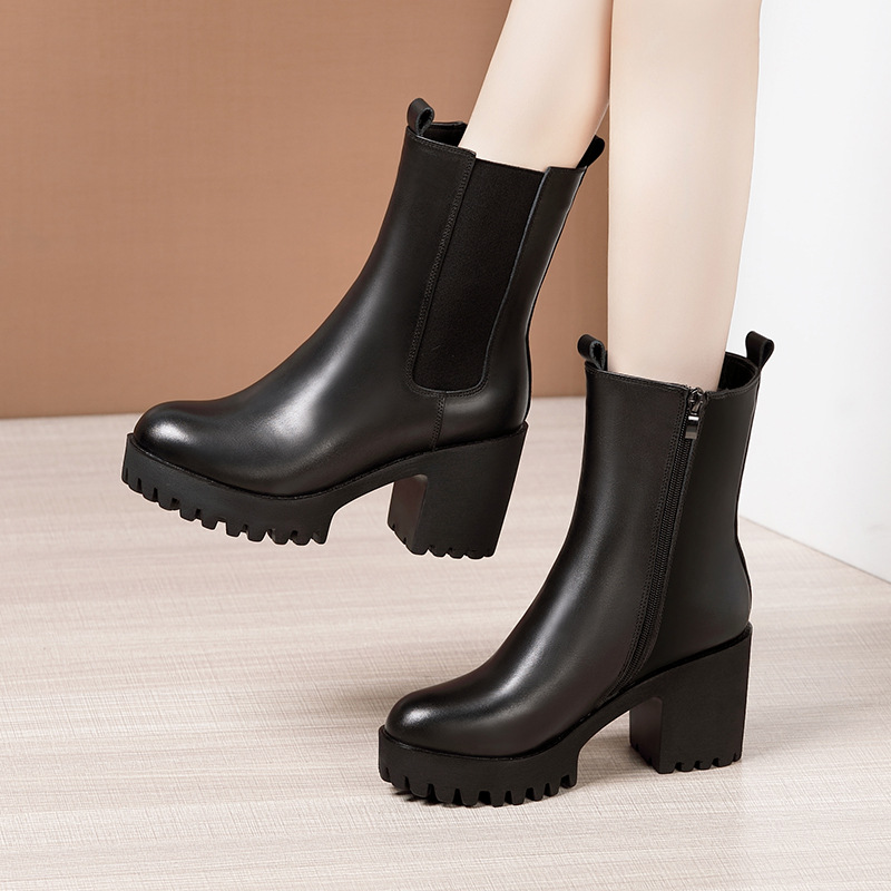 Genuine Leather Martin Boots Thick Sole Waterproof Platform High Heel Women's Mid-calf Short Boots Heel 8cm H361