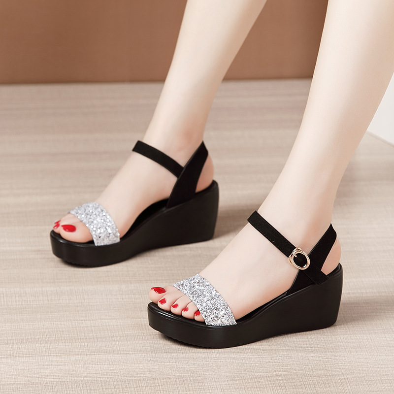 6cm Women's Wedge Medium Heel Sandals Thick Sole Waterproof Platform Versatile One-buckle Sequined Sandals H371
