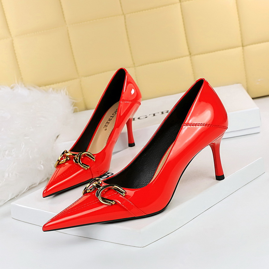 7cm High Heels Women's Stiletto Shiny Patent Leather Shallow Mouth Pointed Toe Ol Metal Belt Buckle Shoes H396