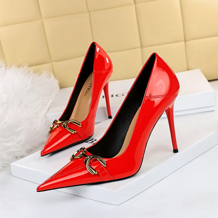 10.5cm High Heels Women's Stiletto Shiny Patent Leather Shallow Mouth Pointed Toe Ol Metal Belt Buckle Shoes H397