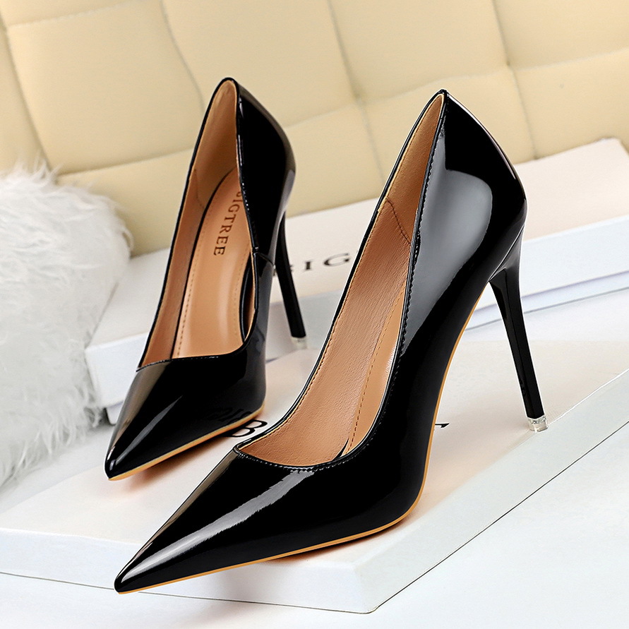 10.5cm Simple Stiletto Shiny Patent Leather Shallow Mouth Pointed Toe Women's Shoes High Heels Women's Single Shoes H406