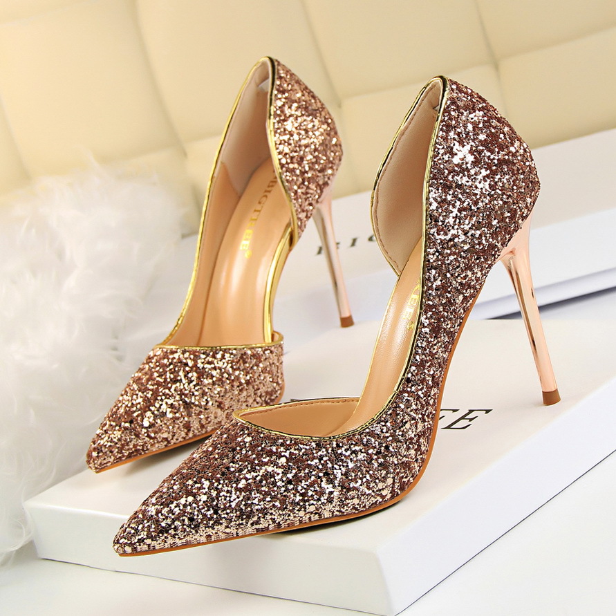 Slim Women's Shoes, Stiletto High Heel, Shallow Mouth, Pointed Toe, Side Hollow Sequined Shoes H407