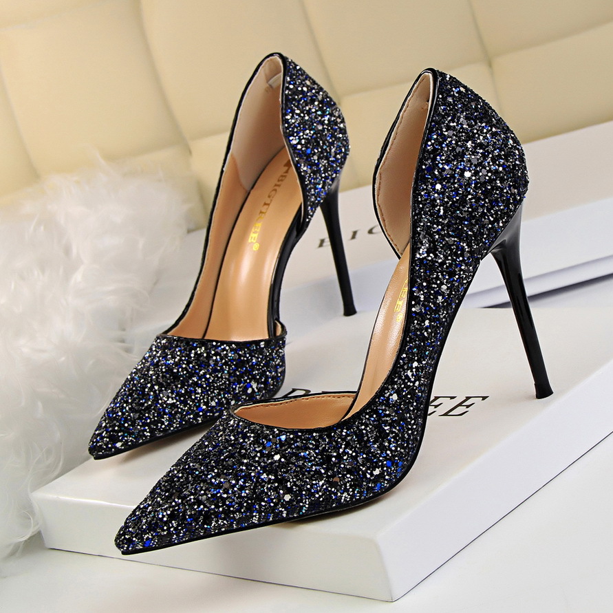 Slim Women's Shoes, Stiletto High Heel, Shallow Mouth, Pointed Toe, Side Hollow Sequined Shoes H408