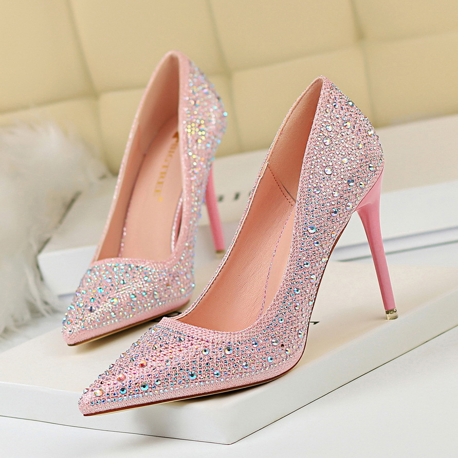 Thin Heel, Shallow Mouth, Pointed Toe, Sexy Slimming Rhinestone Colored Diamond High Heel Women's Shoes Heel 10cm H415