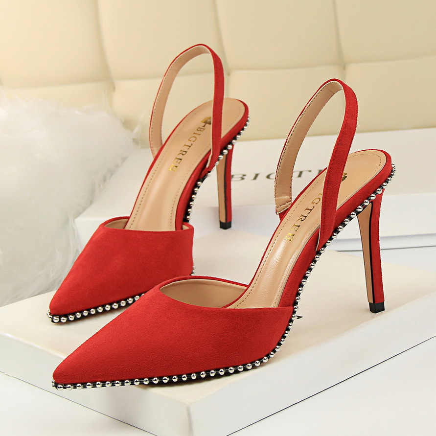 High-heeled Suede Shallow Cutout Hollow Back Strap Rivet Pointed Toe Women's Sandals H427