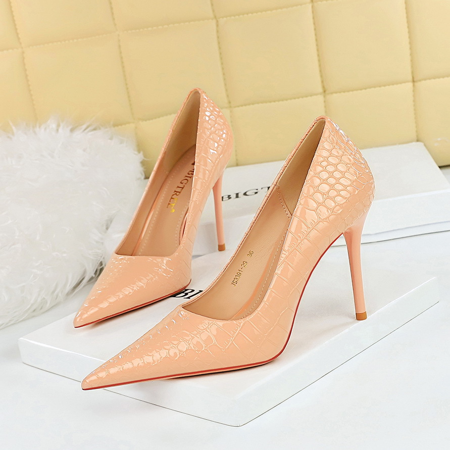 Women's Slender-heeled Shallow Pointed-toe Patent Leather Snake-print High-heeled Shoes H428
