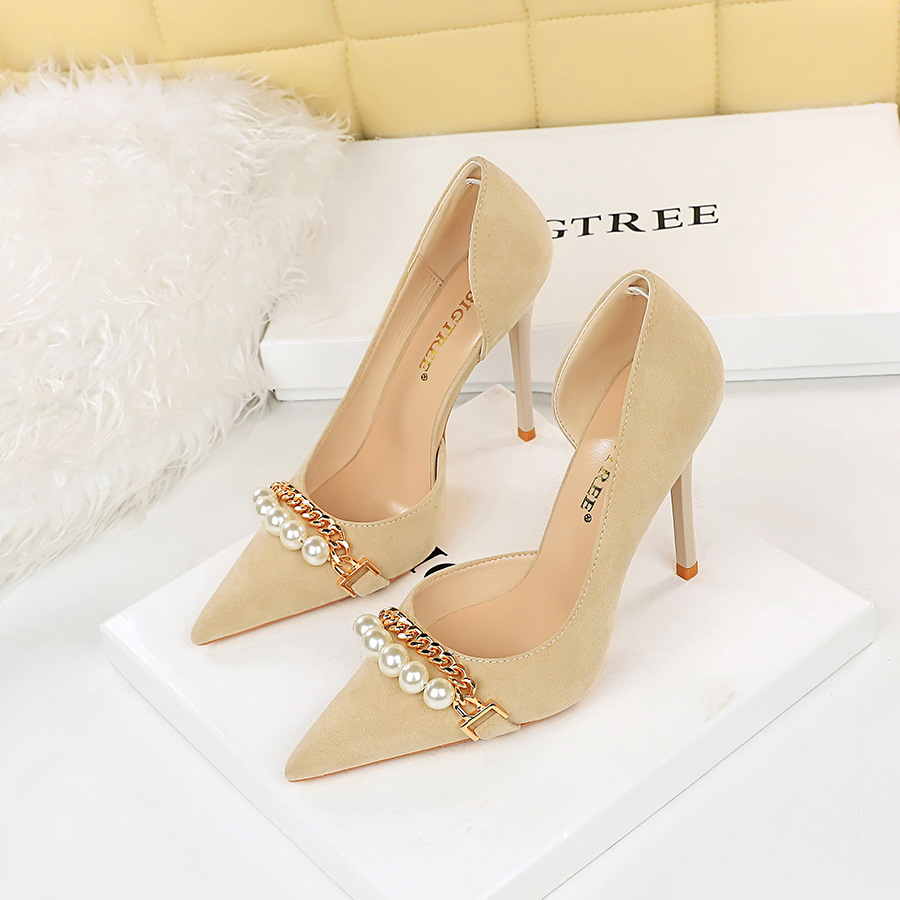 Women's High-heeled Suede Shallow Pointed Toe Pearl Metal Chain Side Hollow Shoes Heel 11cm H434