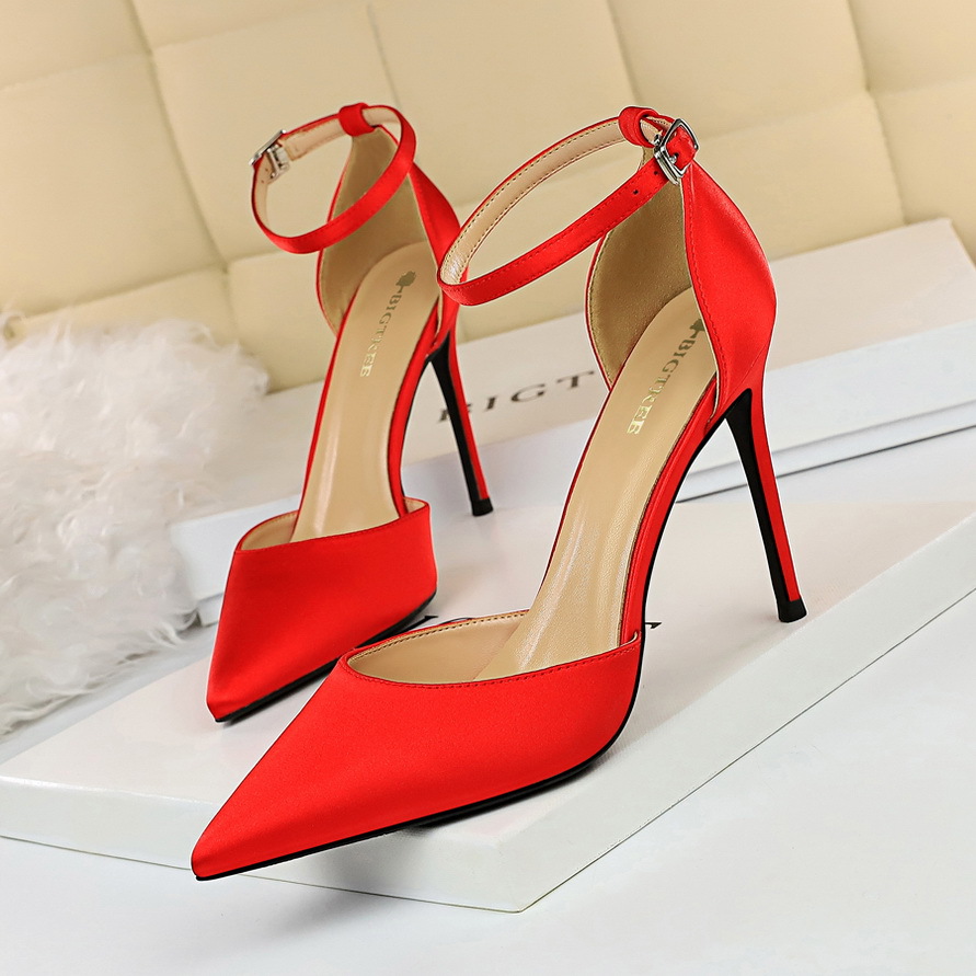 Women's High-heeled Satin Shallow Pointed Toe Hollow Strap Sandals H440