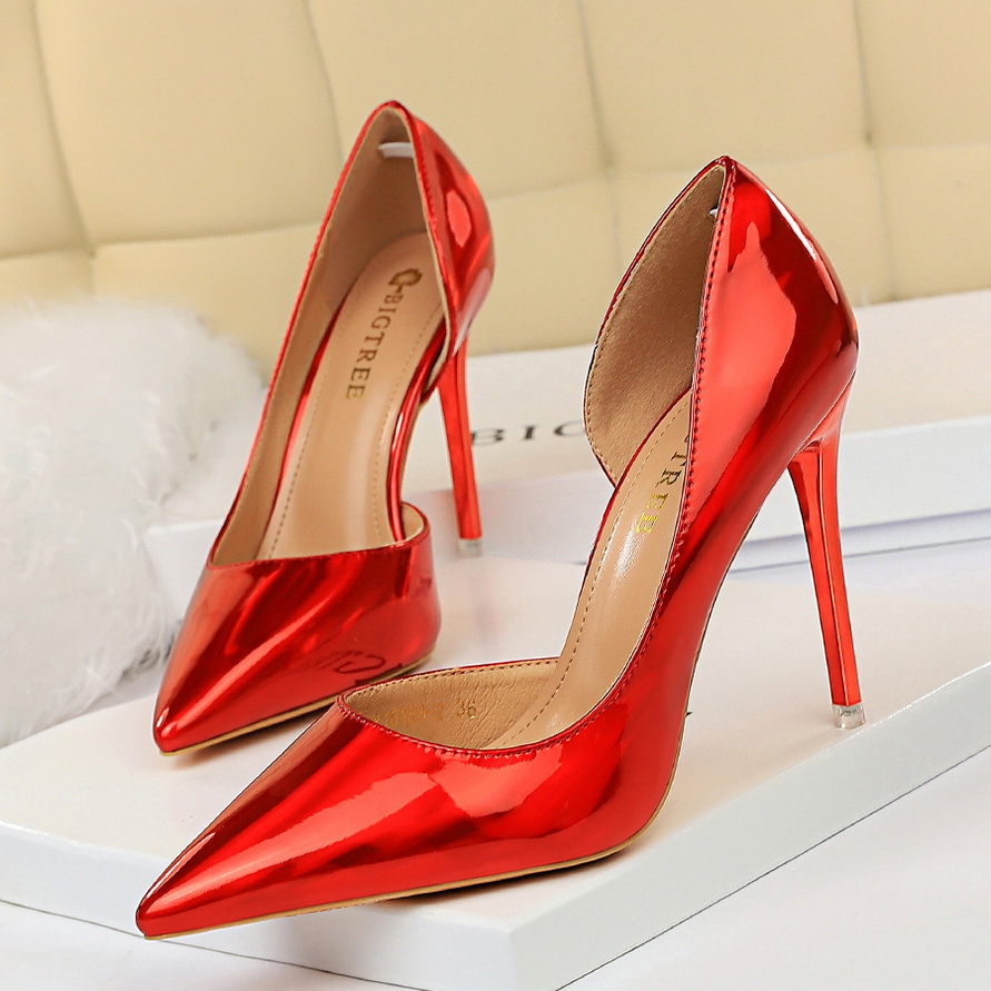 Metallic High Heels Stiletto High Heels Shallow Tops Pointed Toe Side Hollow Women's Single Shoes H444
