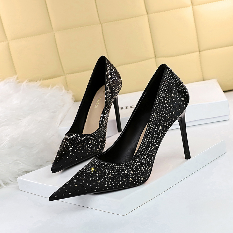 High Heels, Stilettos, Shallow Toes, Pointed Toes, Satin, Sparkling Rhinestones, Women's Shoes H452