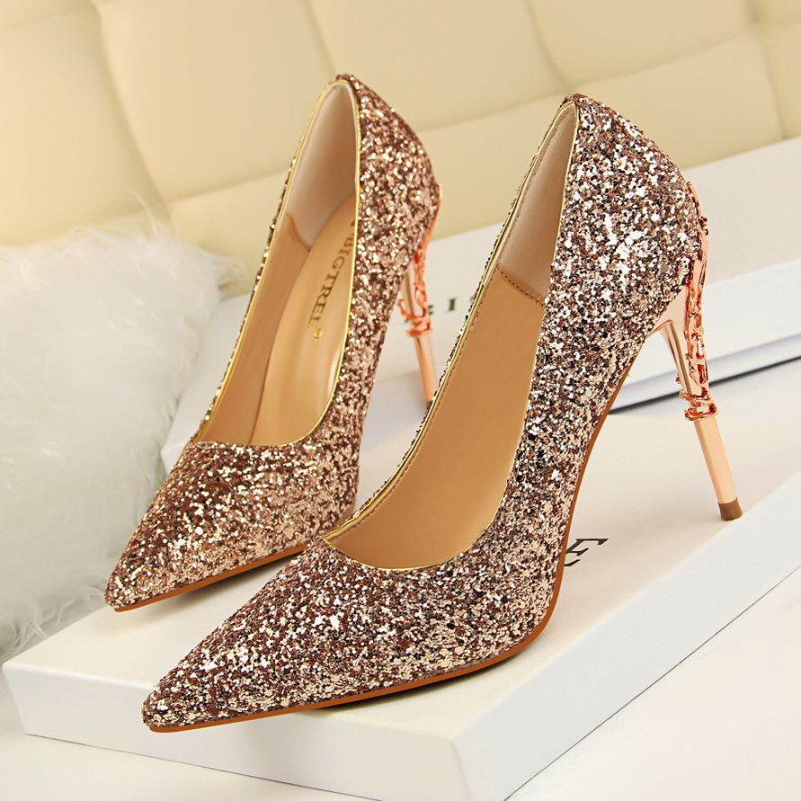 Women's Shoes Metal Heel Stiletto High Heel Shallow Mouth Pointed Toe Sequin Shoes H458
