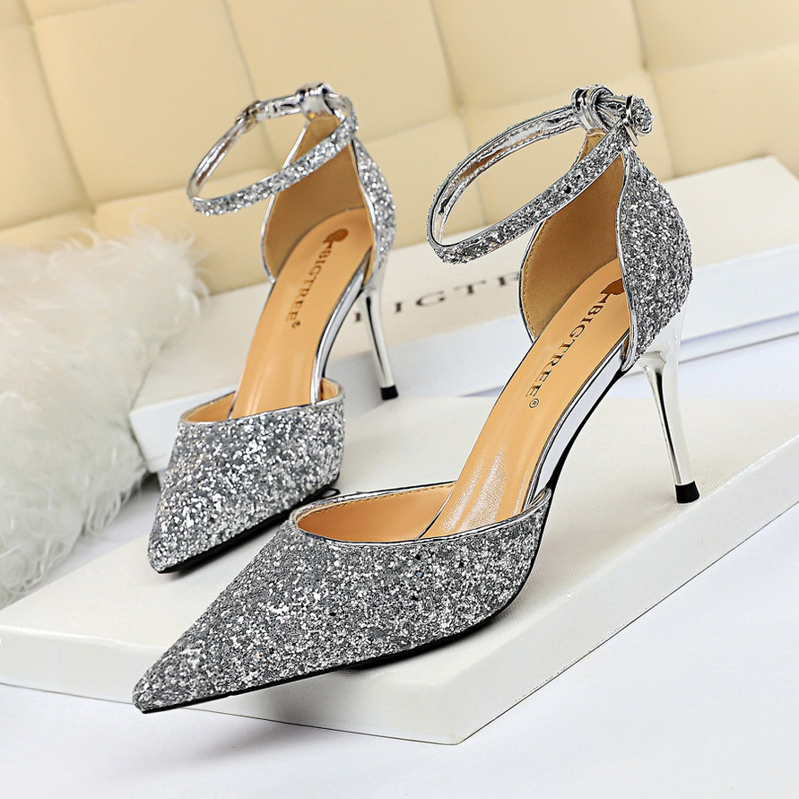 Stiletto High Heel Shallow Mouth Pointed Toe Hollow Sequin Slimming Strappy Women's Sandals Heel 7.5cm H463