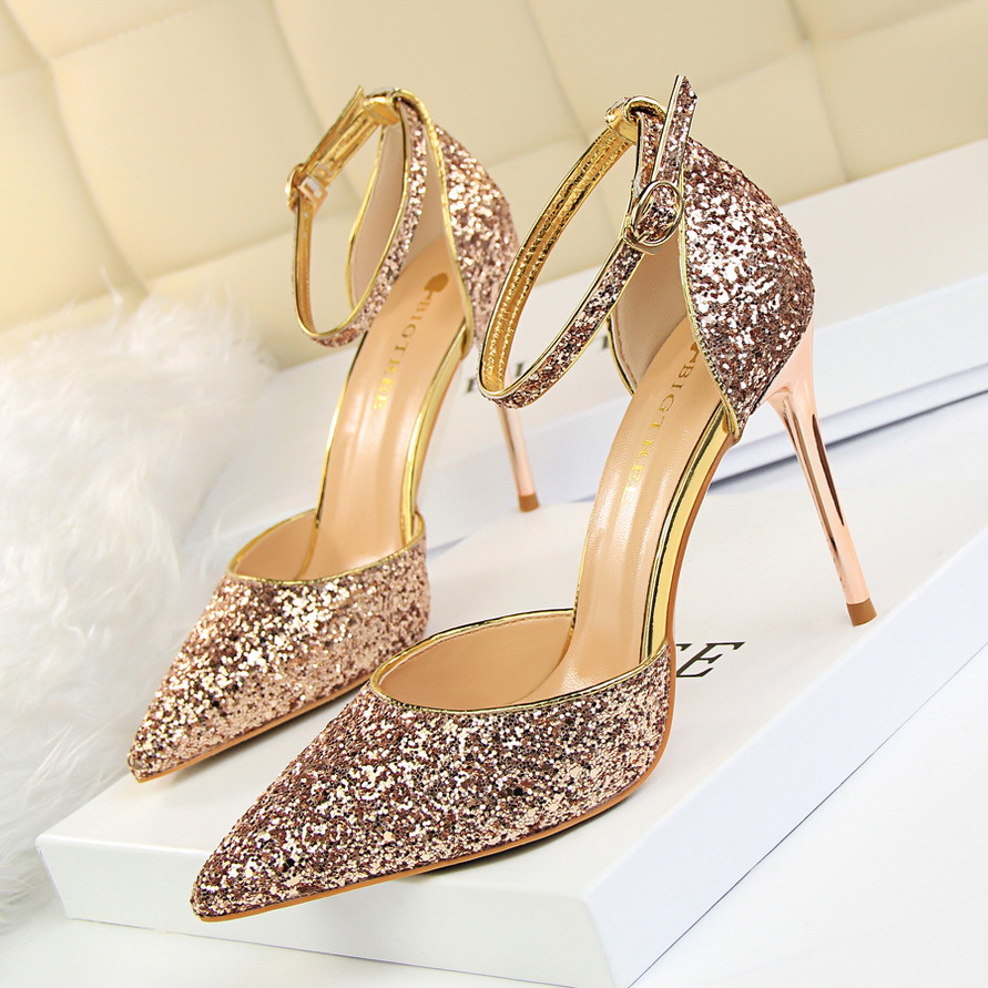 Stiletto High Heel Shallow Mouth Pointed Toe Hollow Sequin Slimming Strappy Women's Sandals Heel 9.5cm H464
