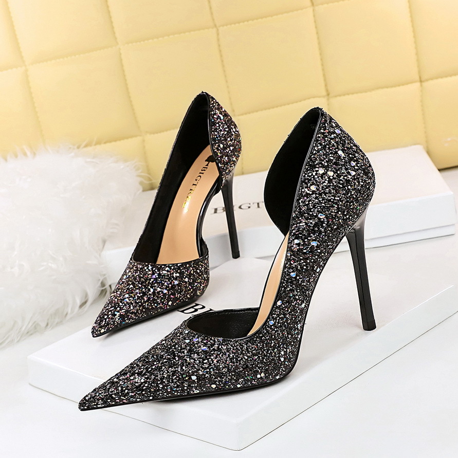 Women's High Heels, Stiletto Heel, Shallow Mouth, Pointed Toe, Side Hollow, Sparkling Sequined Shoes Heel 10.5cm H467