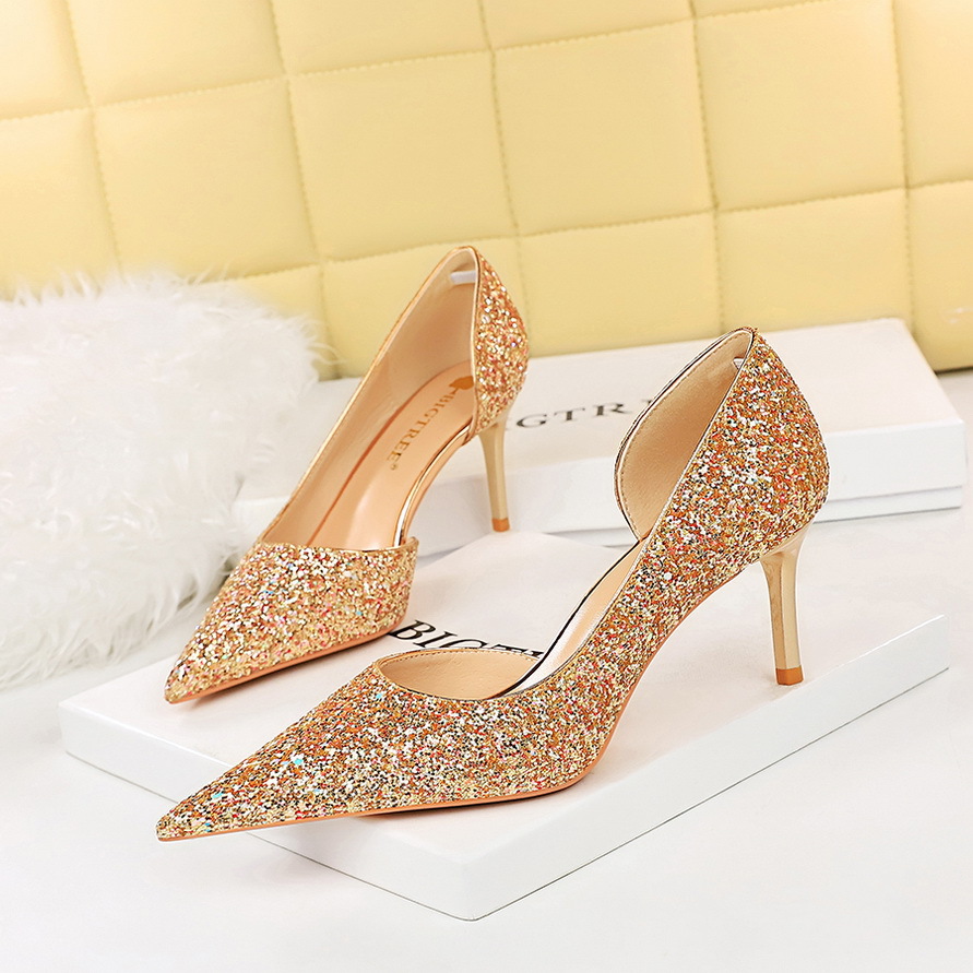 Women's High Heels, Stiletto Heel, Shallow Mouth, Pointed Toe, Side Hollow, Sparkling Sequined Shoes Heel 7cm H468