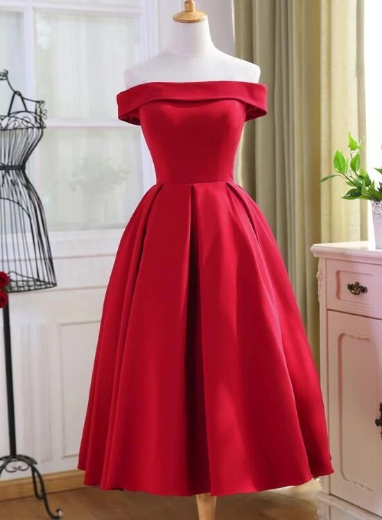 Red Satin Tea Length Off Shoulder Party Dress, Red Homecoming Dress Sa1002