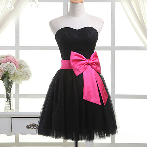 open lace back dress Evelyn Black-Pink Bow Bodycon Mini Dress – First Date