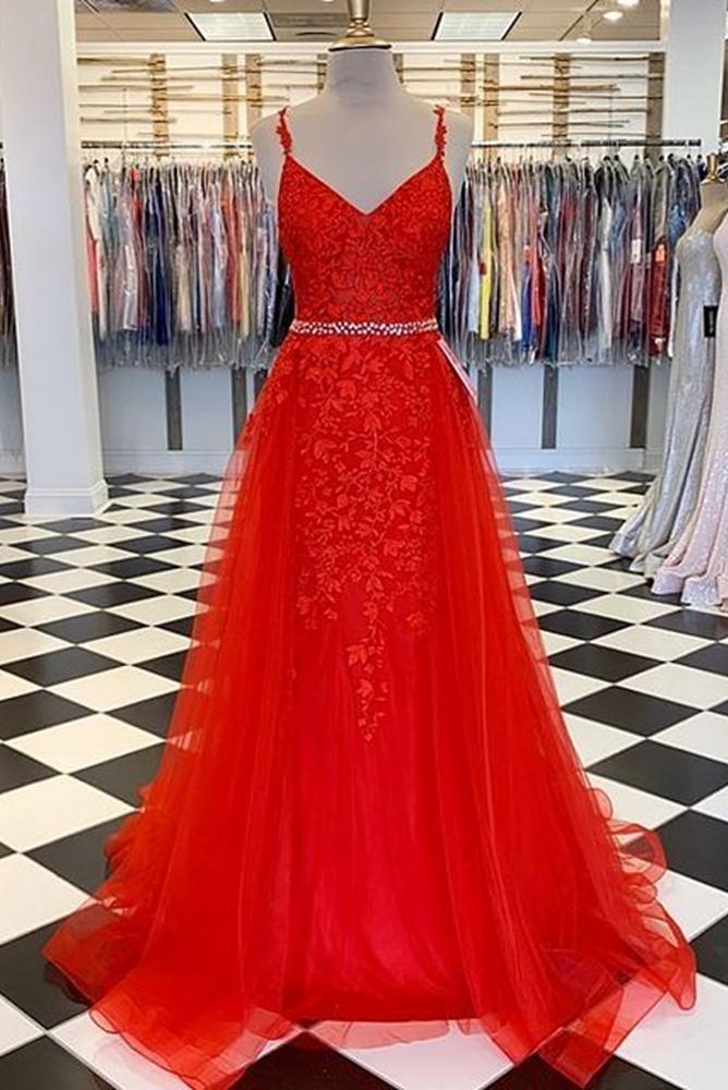 Red V-neck Tulle Long Prom Dresses With Appliques And Beading Evening Party Dresses Sa1028