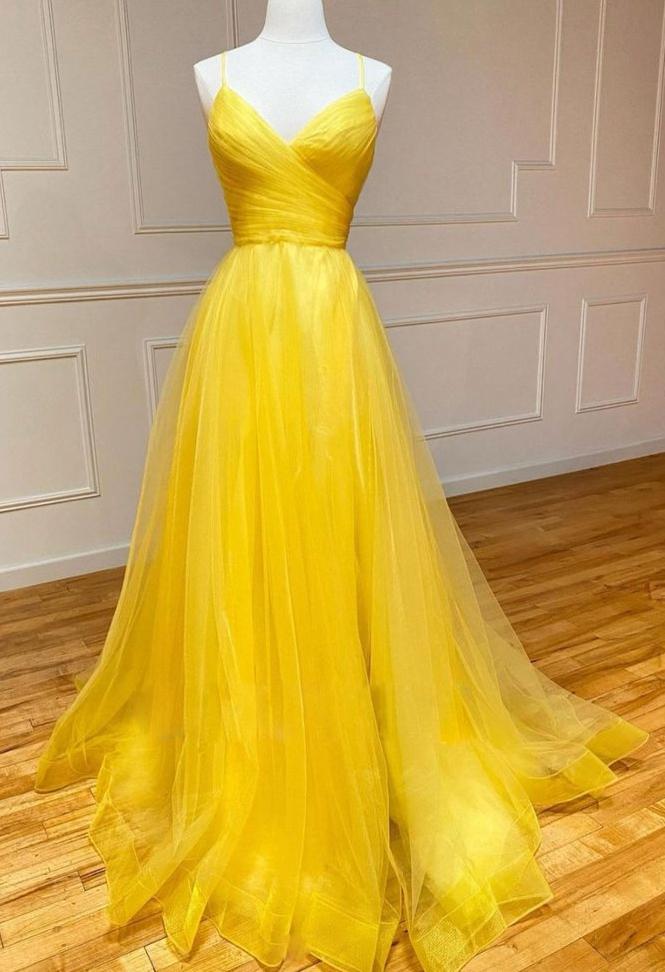 Yellow V-neck Tulle Long Prom Dresses,evening Party Dress Formal Dresses Sa1035