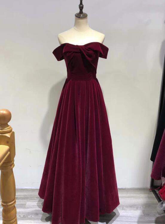 Off Shoulder Red Velvet Evening Dress Junior Prom Dress Sa1050
