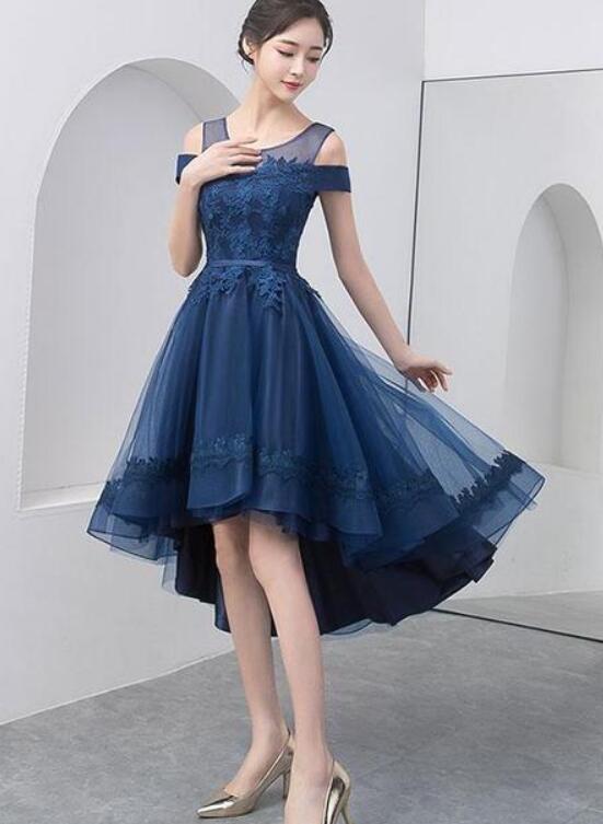 Exquisite Navy Blue Lace High-Low Party Dress