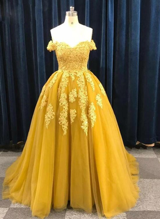 Yellow Tulle Ball Gown Off Shoulder Lace Appliques Prom Dress Sweet 16 Gown Sa1054
