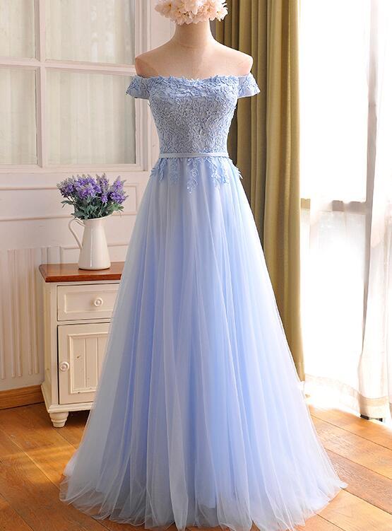 Light Blue Lace Applique Top Long Party Prom Dress Off Shoulder Bridesmaid Dress Sa1055