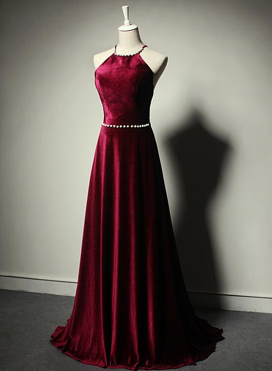 Velvet Burgundy Gown With Pearl Waist Accent