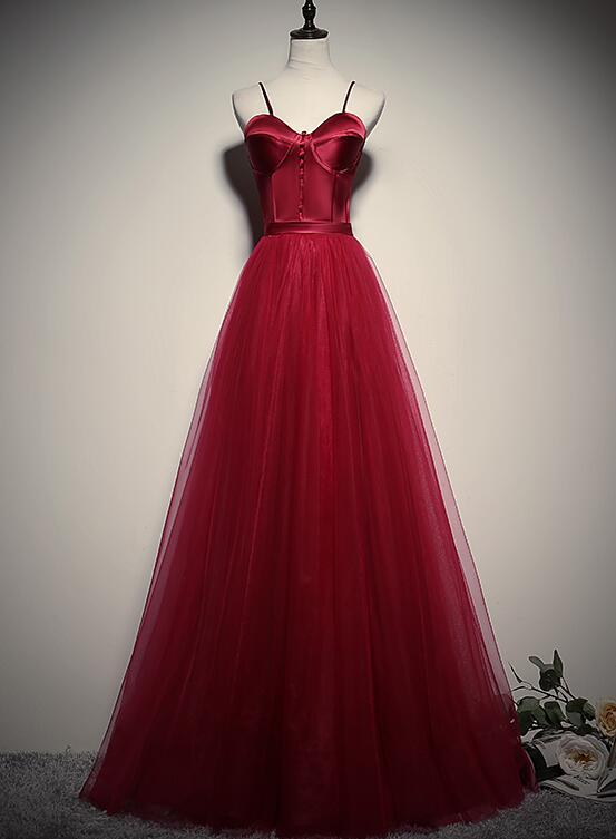 Dark Red Straps Tulle Long Party Prom Dress, A-line Formal Dress Sa1058