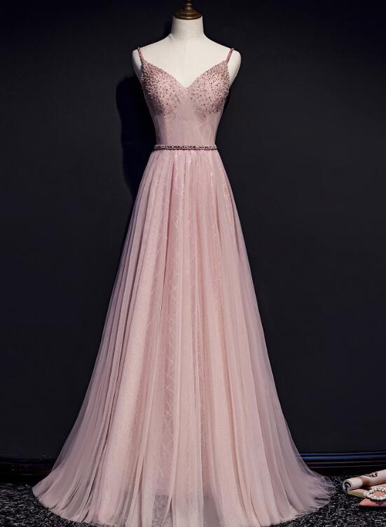 Pink V-neckline Beaded Tulle Prom Dress Evening Party Gown Sa1059