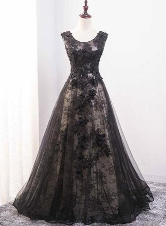 Black Tulle And Lace Round Neckline A-line Evening Party Dress Wedding Party Dress Sa1063