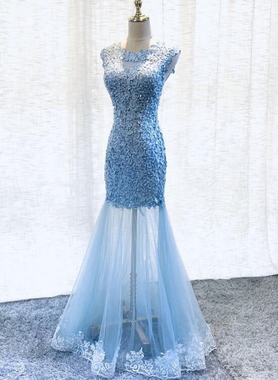 Blue Lace Mermaid Tulle Long Prom Dress, Round Neckline Lace-up Party Dress Sa1065
